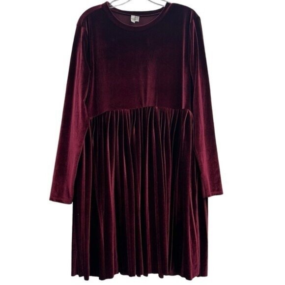 Asos Women's US 14 Velvet Pleated Smock Dress Red Holiday Long Sleeve Crew Neck - Picture 1 of 5